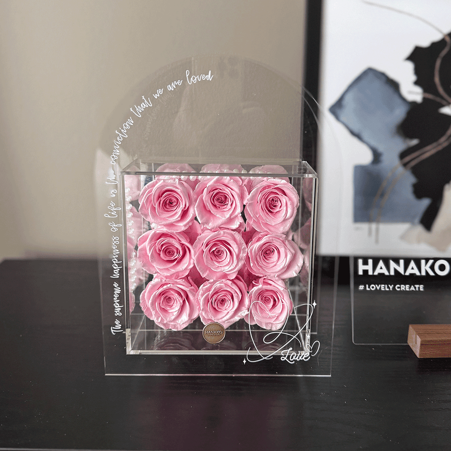 9 Pink Preserved Roses Cube Box