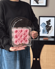 9 Pink Preserved Roses Cube Box